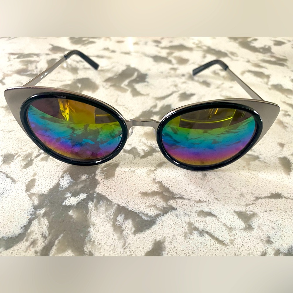 2/$30 Thick Cool Cat Eye Sunglasses Rainbow Reflective Colors Silver Frame Black